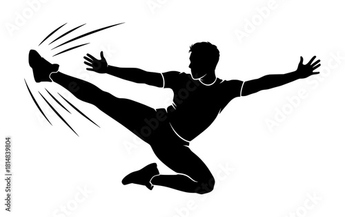 Silhouette of a man executing a dynamic high kick, showcasing athleticism and movement