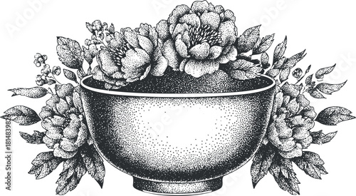 Detailed vintage floral illustration of a bowl filled with peonies and foliage, perfect for home decor and artistic projects