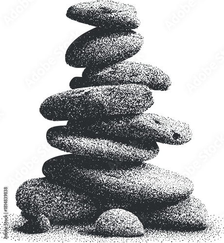 Monochrome vector illustration of stacked stones representing balance and harmony for wellness and meditation themes