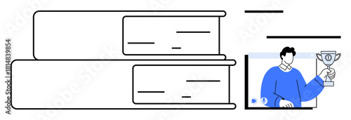 Stack of books with digital interface showing a student holding a trophy on a screen, emphasizing education, online achievement, and learning. Ideal for e-learning, distance education, academic