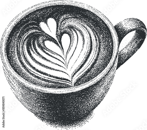 Stylized hand-drawn vector illustration of a coffee cup with latte art design for cafe branding and menu projects