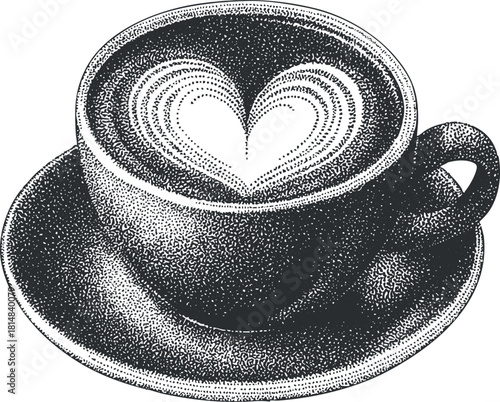 Stylized black and white vector illustration of a coffee cup with heart latte art, perfect for cafe branding and design projects
