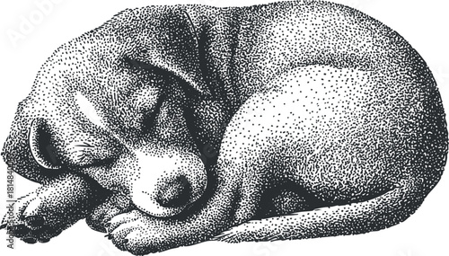 Whimsical dot art vector illustration of a sleeping puppy in a curled position, ideal for pet-themed design projects.