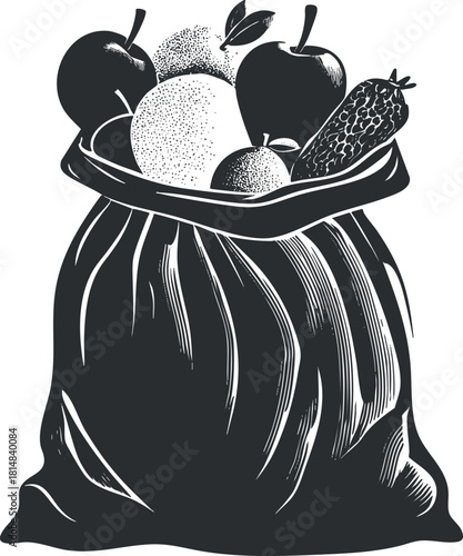 Silhouette vector illustration of a bag filled with assorted fruits and vegetables for healthy eating concepts