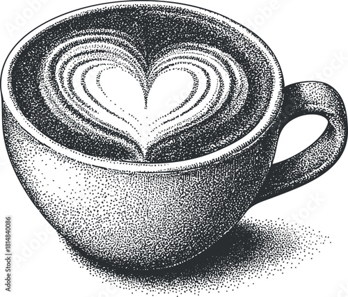 Detailed black and white vector illustration of a coffee cup with heart latte art for menu design and branding projects