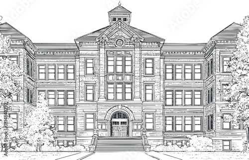 Detailed linear vector illustration of a historic educational building facade for architecture and design projects