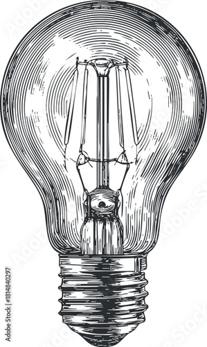 Vintage hand-drawn vector illustration of a light bulb showcasing its intricate filament design, ideal for creative and design projects.