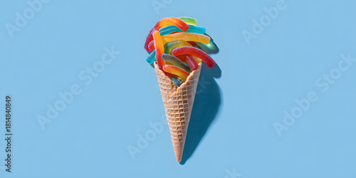 Vibrant Confectionary Delight: Artisanal Waffle Cone Adorned with Rainbow Gummies in Minimalist Flatlay Composition