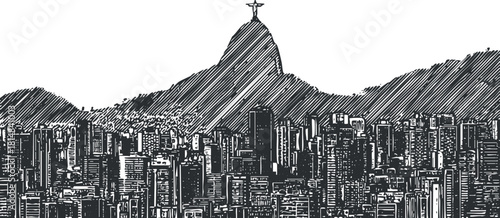 Stylized black and white vector illustration of Rio de Janeiro cityscape featuring iconic mountains and Christ the Redeemer statue