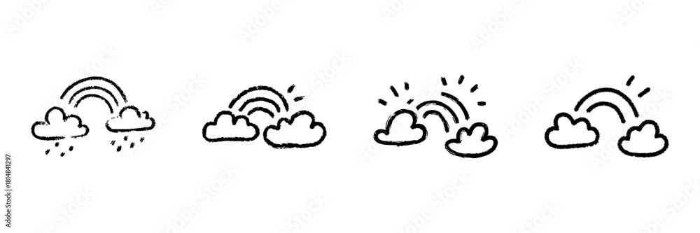 Naklejka premium Clouds And Rainbow Line Icon Set In Doodle Style. Weather Symbols, Rain And Sunshine Transition Outline Sketch Collection. Meteorological Phenomena. Hand Drawn Isolated Vector Illustration
