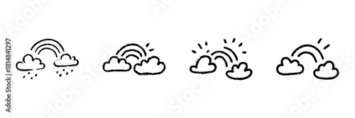 Clouds And Rainbow Line Icon Set In Doodle Style. Weather Symbols, Rain And Sunshine Transition Outline Sketch Collection. Meteorological Phenomena. Hand Drawn Isolated Vector Illustration