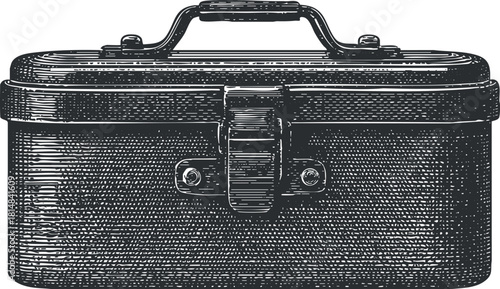 Vintage black and white vector illustration of a detailed toolbox design for crafts and workshop projects