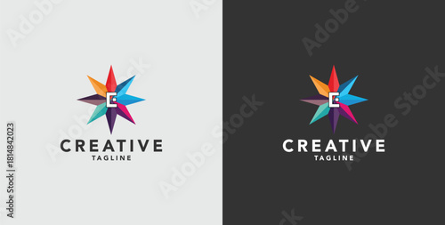 Digital colorful abstract icons, elements and symbols with initial E logo, template