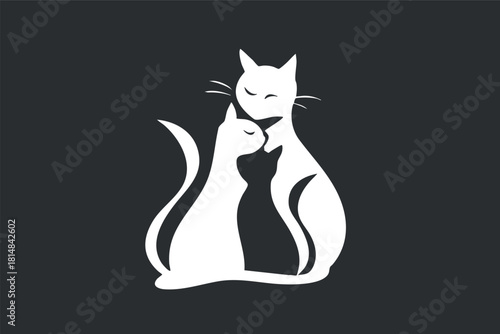 Stylized white silhouette illustration of two affectionate cats on a black background, perfect for pet-themed design projects