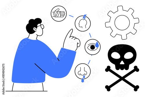 Man pointing at health-related icons including head, eye, nose, and danger symbols thumbs up skull and gears. Ideal for health, hazards, awareness, decision-making safety analysis risk. Simple