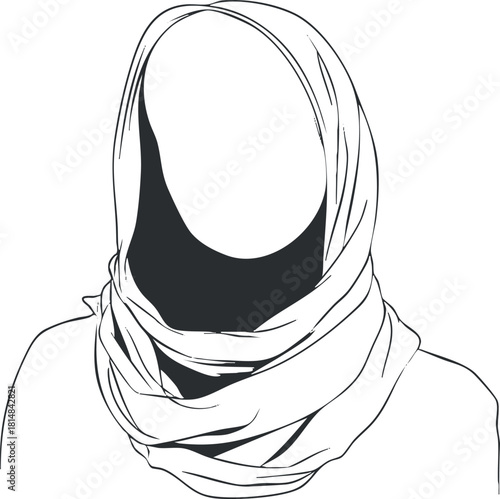 Minimalist black and white vector illustration of a woman wearing a headscarf, representing cultural identity and elegance