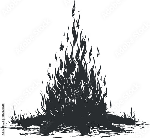 Stylized black silhouette vector illustration of a bonfire with vibrant flames and logs, ideal for outdoor and camping themes
