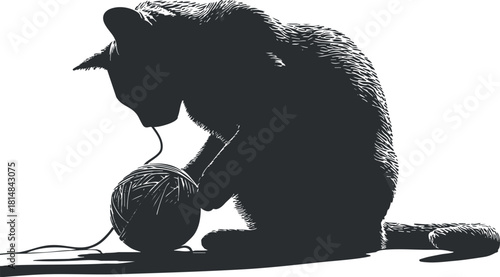 Stylized silhouette vector illustration of a cat playing with a ball of yarn, ideal for pet-themed designs and art projects