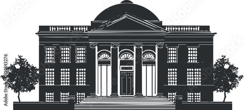 Detailed vector illustration of a classic architectural building with columns and trees for design and branding use