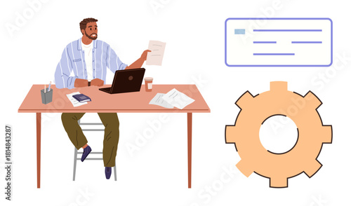 Man reviewing paper at desk with laptop, coffee, and stationery large gear and document floating nearby. Ideal for workflow, productivity, organization, business strategy, innovation, planning