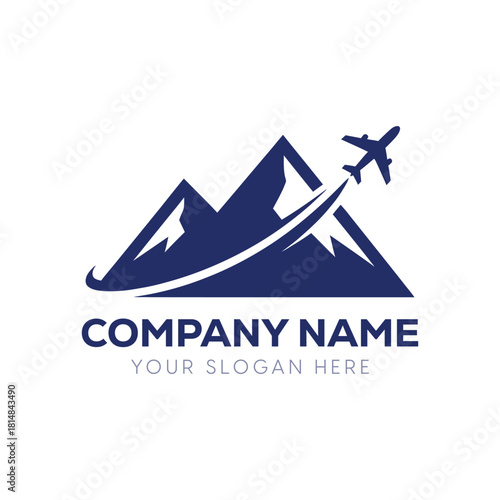 A bold, monochromatic vector logo design featuring an airplane soaring over mountain peaks with a sweeping flight path symbolizing travel and tourism