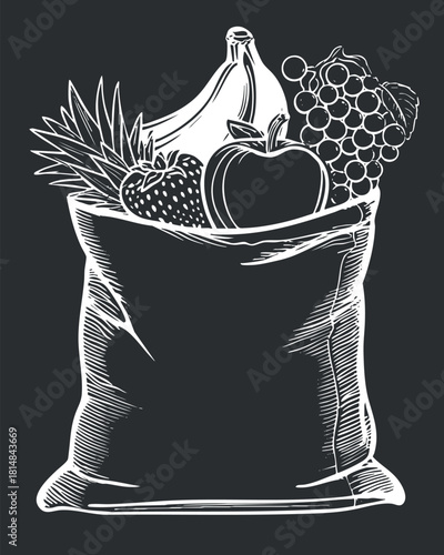 Hand-drawn black and white vector illustration of a bag filled with assorted fresh fruits and vegetables for healthy lifestyle concepts