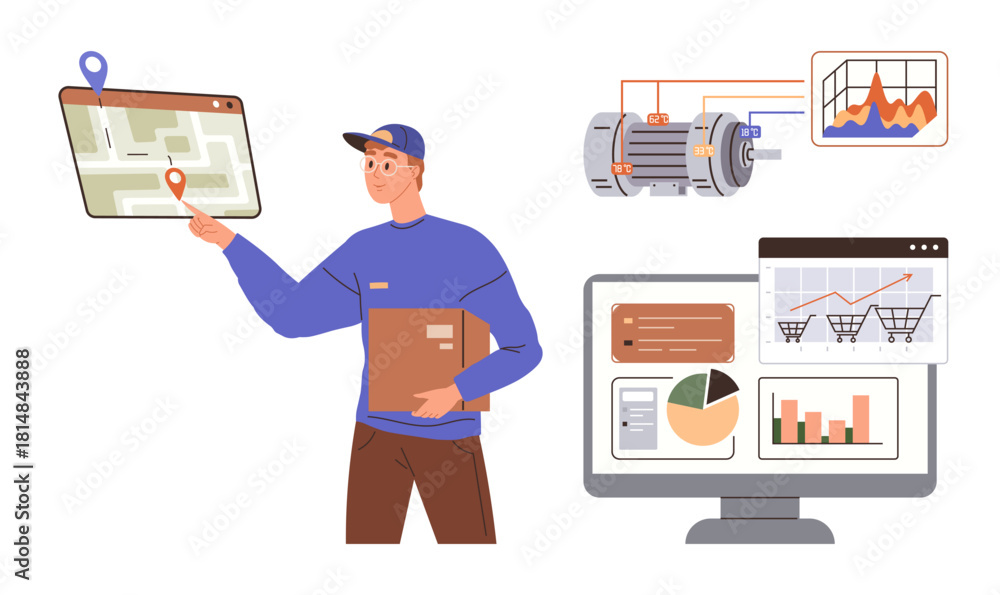 Fototapeta premium Delivery worker holds package, interacts with digital map. Includes motor diagram, analytics dashboard. Ideal for logistics, technology, supply chain, data analysis, e-commerce mapping simple flat