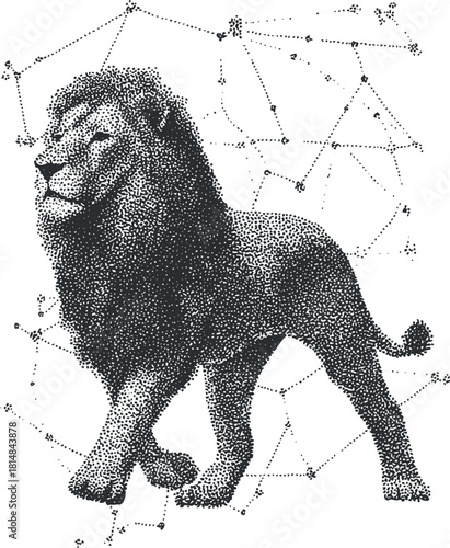 Stylized geometric vector illustration of a lion integrated with constellation lines, perfect for astrology and wildlife-themed designs