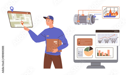 Delivery worker holds package, interacts with digital map. Includes motor diagram, analytics dashboard. Ideal for logistics, technology, supply chain, data analysis, e-commerce mapping simple flat