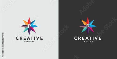 Digital colorful abstract icons, elements and symbols with initial P logo, template