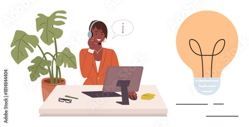 Woman with headset providing assistance at her desk. Light bulb symbolizes ideas and solutions. Ideal for customer service, innovation, teamwork, communication, creativity, support, problem-solving