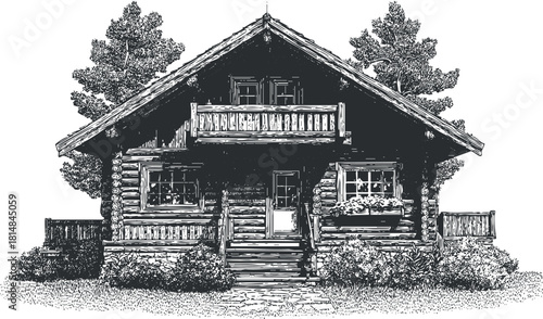 Detailed black and white vector illustration of a rustic wooden cabin surrounded by trees and garden elements