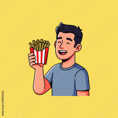 Man holding french fries smiling icon flat vector design.