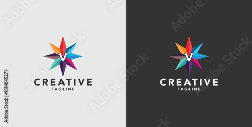 Digital colorful abstract icons, elements and symbols with initial V logo, template