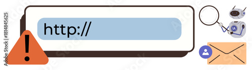 URL with warning sign, robot, magnifying glass, envelope, and user icon. Ideal for online safety, phishing alerts, cybersecurity, spam detection email security digital awareness simple flat