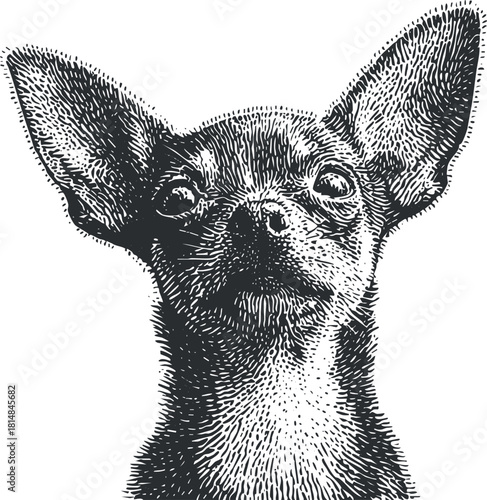 Detailed black and white vector illustration of a Chihuahua dog featuring a stylized portrait for art and design projects