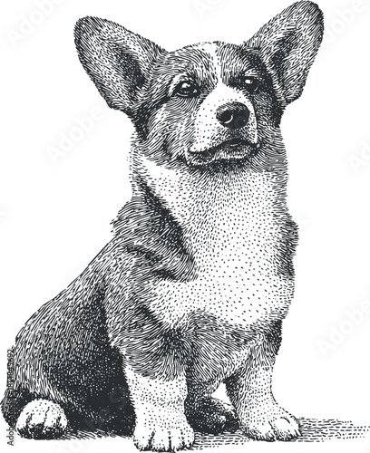 Detailed black and white vector illustration of a sitting corgi dog, ideal for pet-related designs and artworks