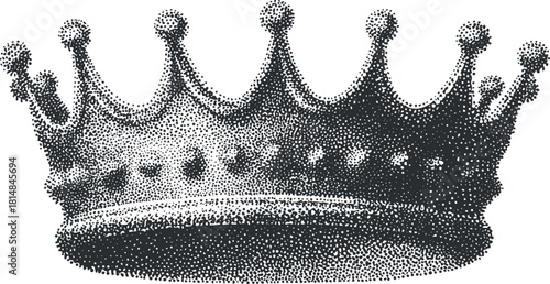 Detailed black and white halftone illustration of a regal crown symbol, ideal for branding and design projects.