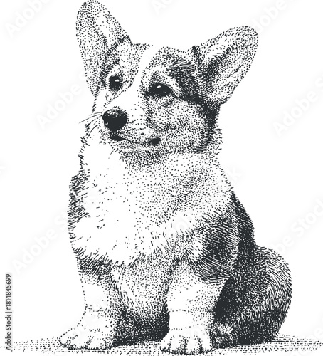 Detailed black and white vector illustration of a corgi dog, perfect for pet-related projects and designs