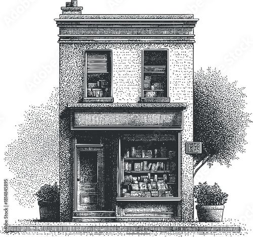 Detailed black and white vector illustration of a vintage bookstore with a charming storefront and surrounding greenery