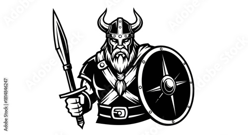 Viking Warrior with Spear and Shield in Black and White Illustration.