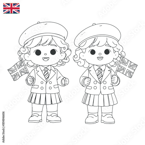 British schoolgirls holding the flag of the United Kingdom outline drawing