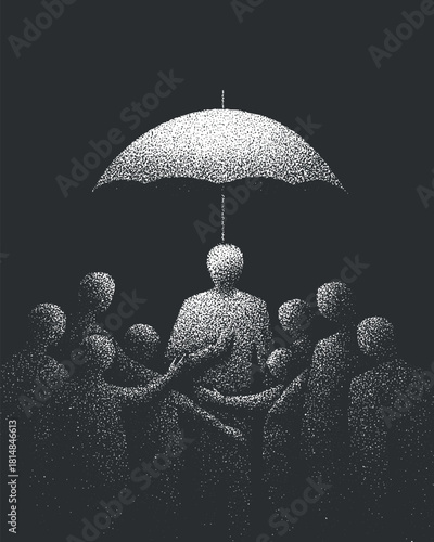 Abstract vector illustration depicting a group of people gathered under an umbrella symbolizing support and unity in challenging times