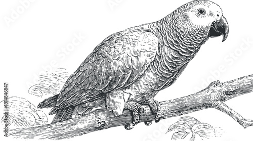 Detailed black and white vector illustration of a parrot perched on a branch, perfect for nature-themed designs.