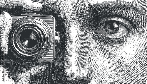 Detailed vintage illustration of a person holding a camera, focusing on their eye, perfect for photography and art themes