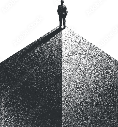 Abstract vector illustration of a person standing at the edge of a peak, symbolizing achievement and ambition in a minimalist style