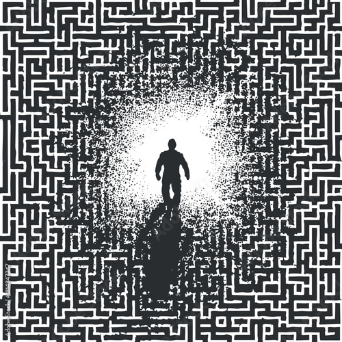 Abstract black and white vector illustration of a person walking through a complex maze, symbolizing a journey of exploration and discovery