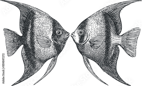 Detailed black and white vector illustration of two angelfish facing each other, perfect for marine-themed designs and artwork