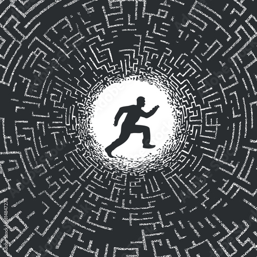 Abstract vector illustration depicting a person running through a complex maze, symbolizing challenge and pursuit of solutions