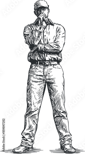 Hand-drawn vector illustration of a confident man standing with arms crossed, ideal for character design and urban-themed projects
